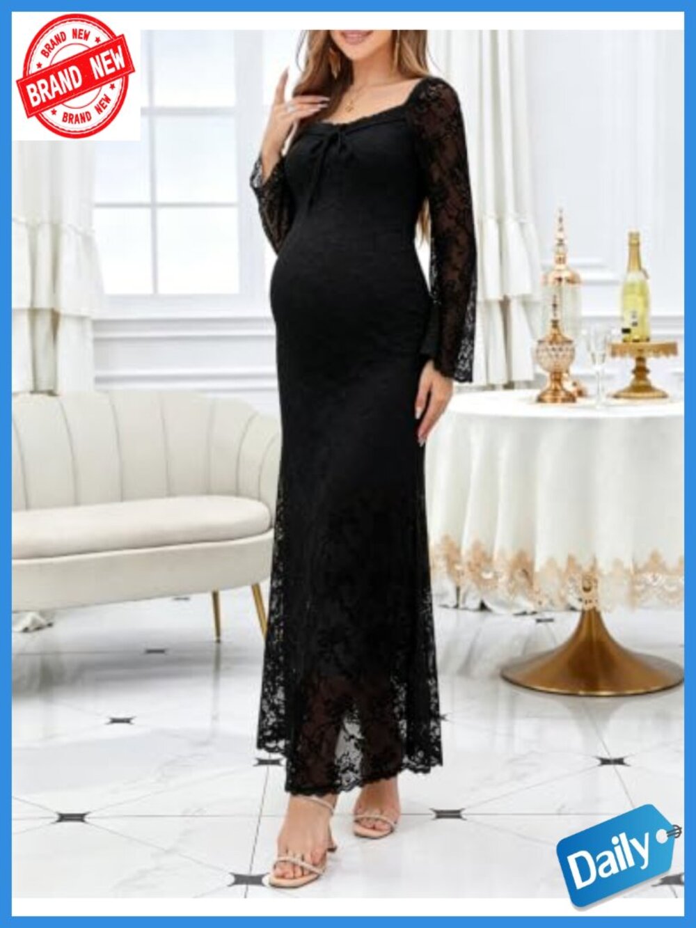 Elegant Lace Maternity Maxi Dress Square Neck Long Sleeve Bodycon Photoshoot - Picture 4 of 6